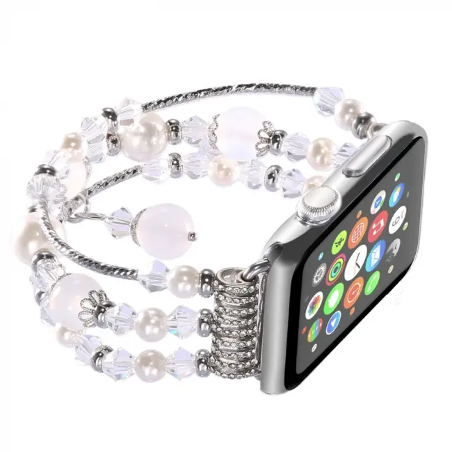 Ally Apple Watch 7-8 41mm 6-5-4 40mm Boncuk Taşlı Lux Kordon Kayış 3-2-1 38mm-(5775)