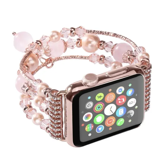 Ally Apple Watch 7-8 41mm 6-5-4 40mm Boncuk Taşlı Lux Kordon Kayış 3-2-1 38mm-(5775)