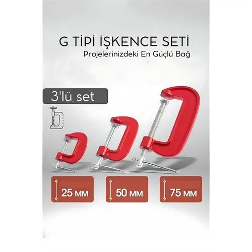 Profesyonel G Tipi İşkence Seti 3'lü: 25-50-75 mm Döküm Metal Ağaç İşleme ve Montaj Kelepçesi Takımı