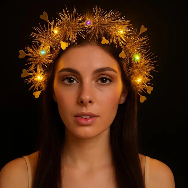 Kalp Püsküllü Gece Parıltısı 3 Modlu Led&amp;#39;li Işıklı Taç Altın Renk