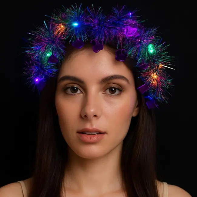 Kalp Püsküllü Gece Parıltısı 3 Modlu Led&amp;#39;li Işıklı Taç Mor Renk