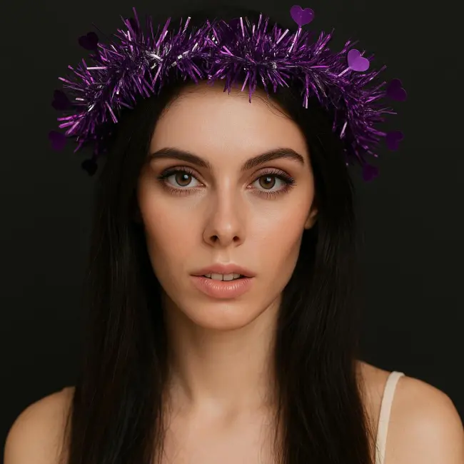 Kalp Püsküllü Gece Parıltısı 3 Modlu Led&amp;#39;li Işıklı Taç Mor Renk