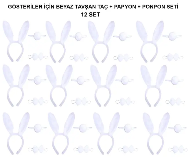 Beyaz Tavşan Kostüm Seti – Taç, Papyon, Kuyruk (12’li Paket)
