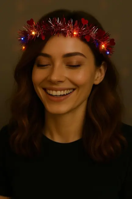 Kalp Püsküllü Gece Parıltısı 3 Modlu Led&amp;#39;li Işıklı Taç Kırmızı Renk