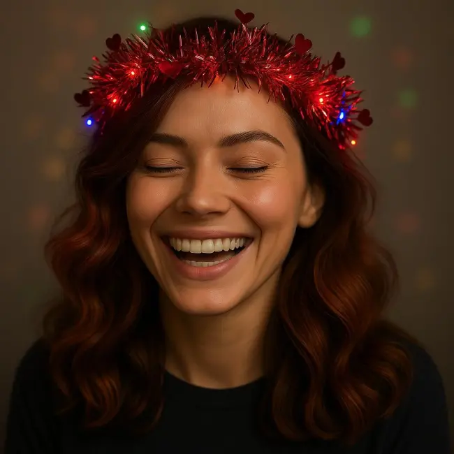 Kalp Püsküllü Gece Parıltısı 3 Modlu Led&amp;#39;li Işıklı Taç Kırmızı Renk