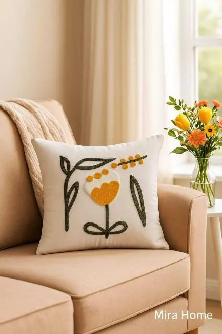 Mira Home Dekoratif Punch Sarı Lale Nakışlı Kırlent Kılıfı