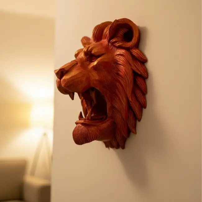 Dekoratif Asılabilir Aslan Başı 3D Duvar Heykeli Gold Red 20x21 cm