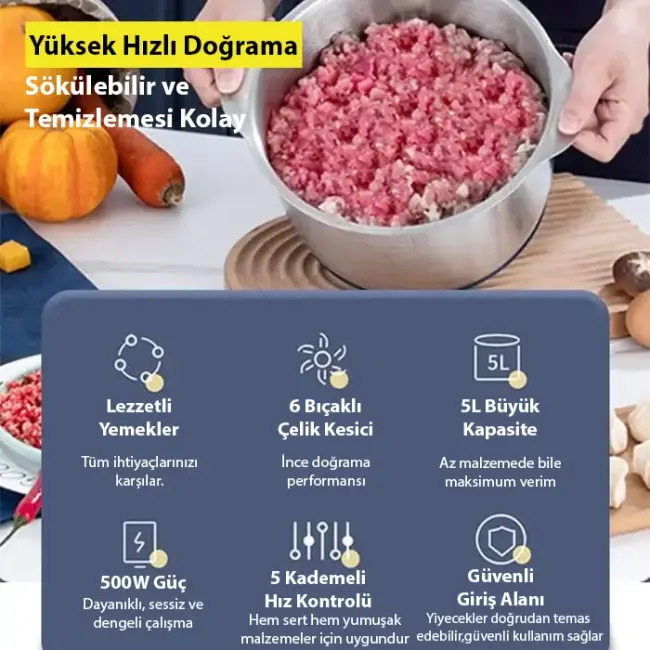 EZERE PowerChop Pro Elektrikli Paslanmaz Çelik Kollu 5 Litre Et Kıyma Makinesi Sebze Meyve Doğrayıcı Rondo Blendır-(5775)