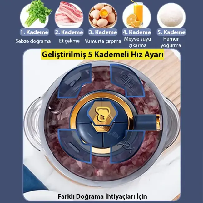 EZERE PowerChop Pro Elektrikli Paslanmaz Çelik Kollu 5 Litre Et Kıyma Makinesi Sebze Meyve Doğrayıcı Rondo Blendır-(5775)