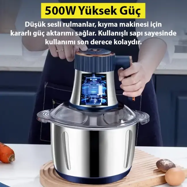 EZERE PowerChop Pro Elektrikli Paslanmaz Çelik Kollu 5 Litre Et Kıyma Makinesi Sebze Meyve Doğrayıcı Rondo Blendır-(5775)