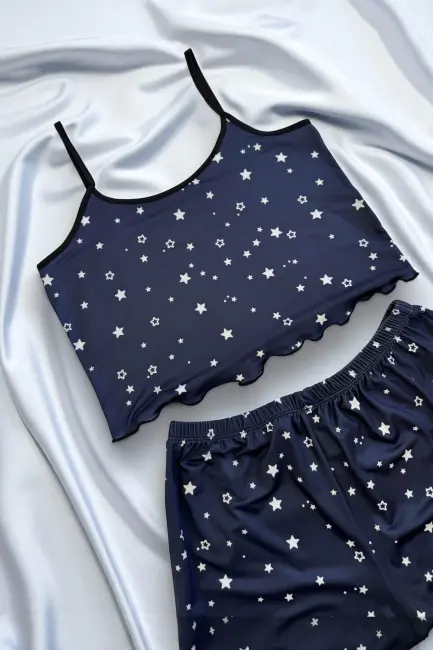 Yıldız Desenli Lacivert Şortlu Pijama Takımı