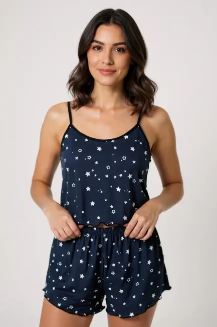 Yıldız Desenli Lacivert Şortlu Pijama Takımı