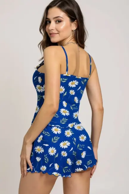 Papatya Desenli Mavi Askılı Şortlu Pijama Takımı