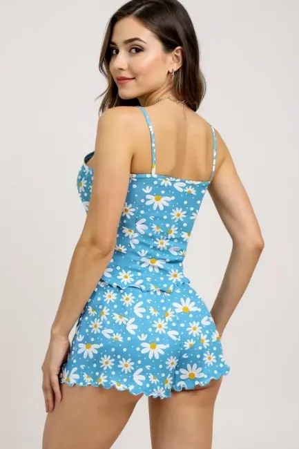 Papatya Baskılı Mavi Askılı Şortlu Pijama Takımı