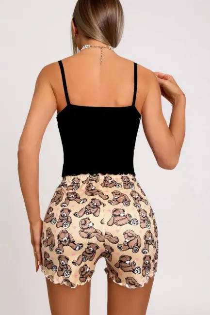 Renkli Ayıcık Desenli Askılı Şortlu Kadın Pijama Takımı