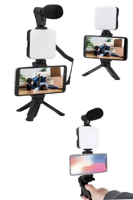 Akıllı Telefon Vlog Kiti Tripod Mini Mikrofonlu Telefon Tutucu