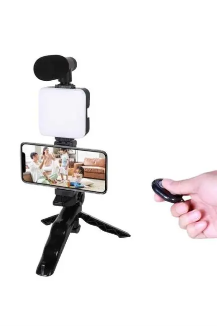 Telefon Tutucu Led Işıklı Kumandalı Mikrofon Telefon Vlog Video Kayıt
