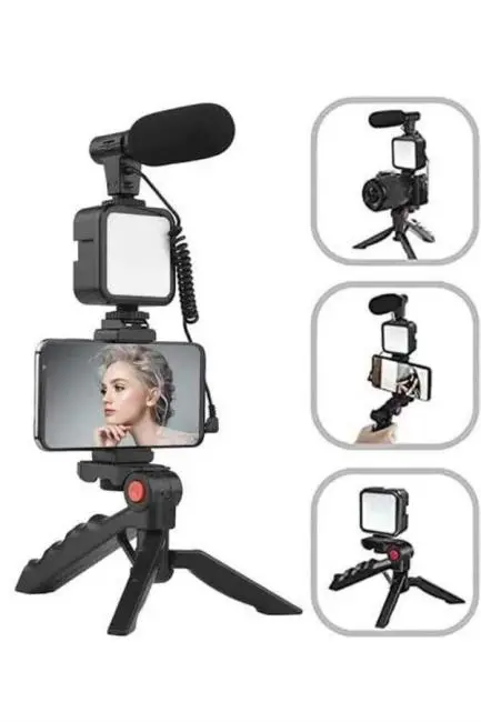 Tripod Telefon Tutucu Kumandalı Mikrofon Led Işık Vlog Video Kayıt