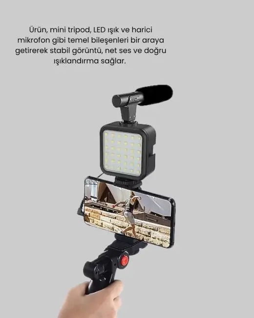 Telefon Video Çekim Kiti LED Aydınlatma Mikrofon Tripodlu Tam Set