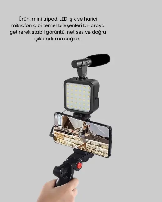 Profesyonel Vlog Çekim Kiti LED Işıklı Tripod Mikrofonlu Telefon Seti