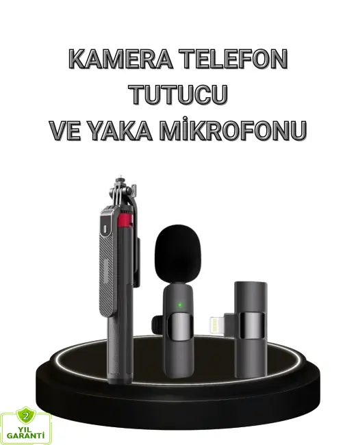 Vlog ve Canlı Yayın İçin Çift Yaka Mikrofonu ve Tripodlu Selfie Çubuğu Seti