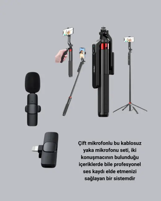 Vlog ve Canlı Yayın İçin Çift Yaka Mikrofonu ve Tripodlu Selfie Çubuğu Seti