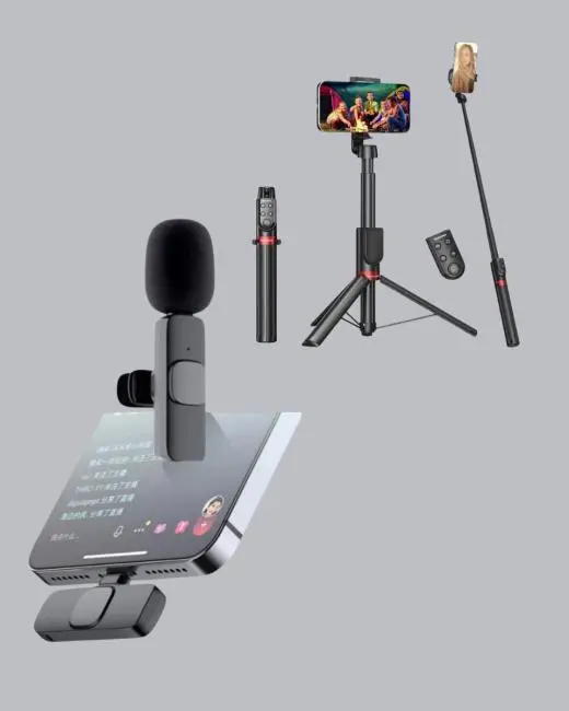 Vlog ve Canlı Yayın İçin Çift Yaka Mikrofonu ve Tripodlu Selfie Çubuğu Seti
