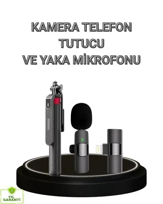 Vlog ve Canlı Yayın İçin Çift Yaka Mikrofonu ve Tripodlu Selfie Çubuğu Seti