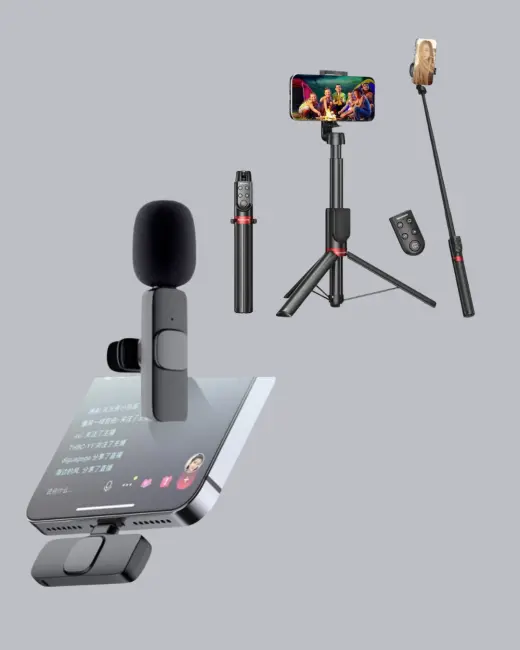 Kablosuz Çift Yaka Mikrofonu ve Tripodlu Selfie Çubuğu İçerik Üretici Seti