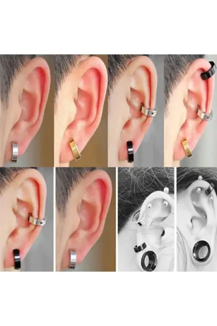 Erkek Küpesi - 2 Adet Çelik Kıstırmalı Küpe Paslanmaz Atmaz Çelik Gümüş Renk Küpe