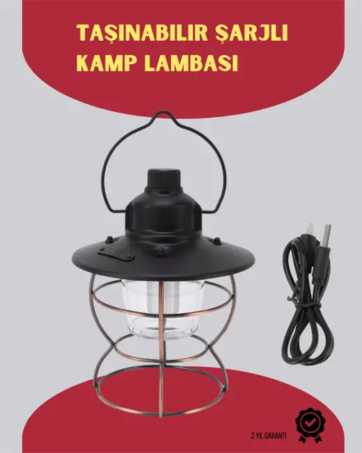 USB Şarjlı Retro LED Kamp Feneri – 4 Işık Modu Su Geçirmez Taşınabilir