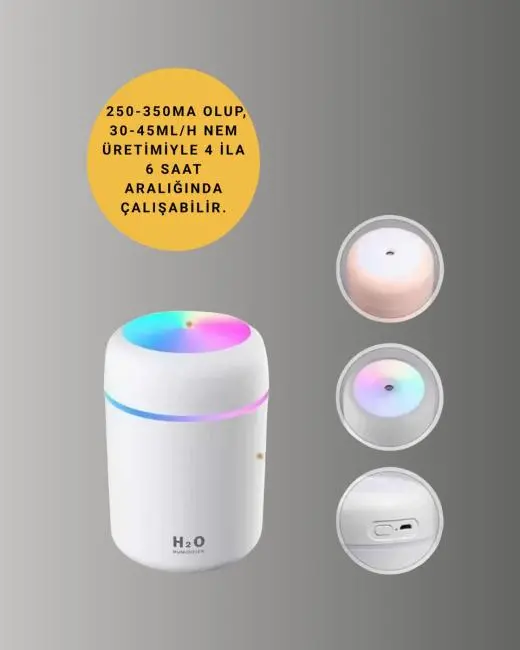 LED Işıklı Sessiz Masaüstü Nemlendirici – 3 Buhar Modu