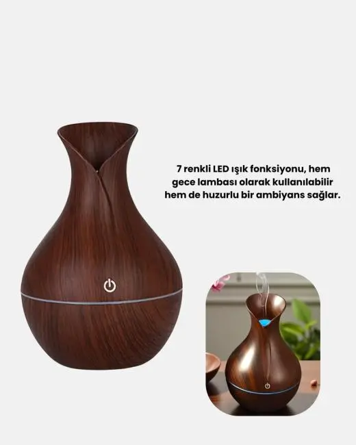 Aromaterapi Difüzör Ahşap Desenli ve Ultrasonik Nemlendirici LED Işıklı