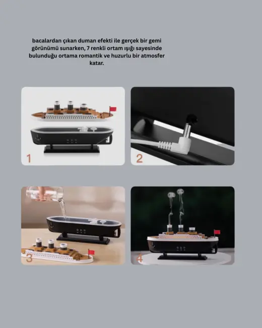 Ultra Sessiz Titanik Gemi LED Işıklı Aroma Difüzörü Oda Nemlendirici