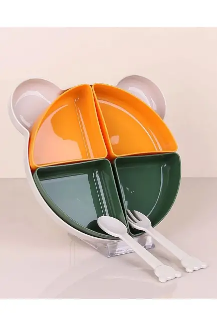 Tabldot Mama Tabağı Çıkarılabilir Kaseli -tepsili 4 Bölmeli Çatal Kaşıklı Ayıcık Beslenme Kabı