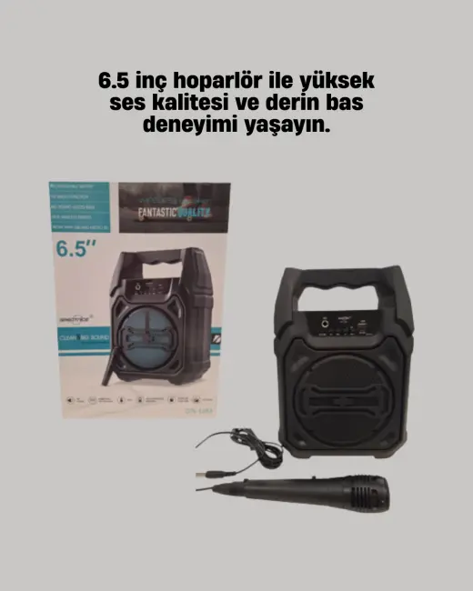 Taşınabilir 6.5” Bluetooth Hoparlör USB TF Kart Mikrofonlu Şarjlı Sistem