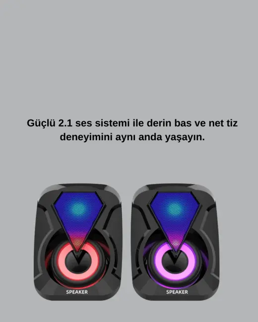 RGB LED Işıklı 2.1 USB Oyun Hoparlörü Derin Bas ve Net Ses