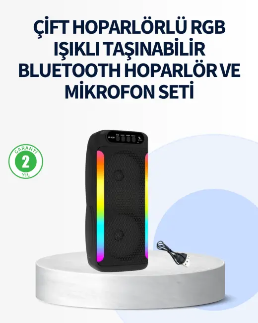 RGB Işıklı Çift Hoparlörlü Taşınabilir Bluetooth Speaker ve Mikrofon
