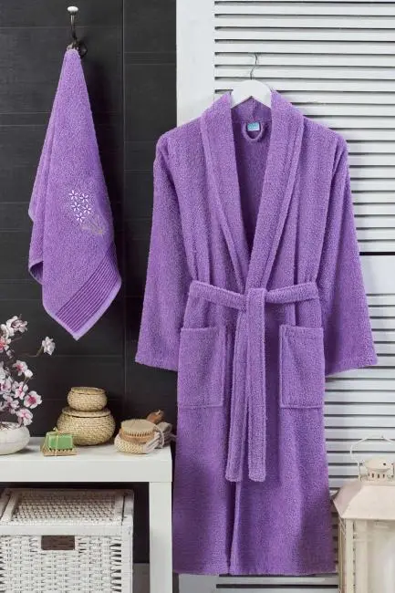 Kadın Havlulu Banyo Bornoz Takımı %100 Pamuklu Lavanta