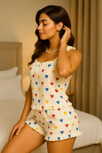 Kalp Baskılı Yumuşak Dokulu İp Askılı Şortlu Örme Pijama Takımı-(17952)