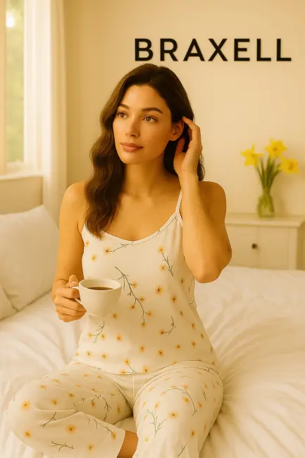 Kadın Beyaz İp Askılı Çiçek Desenli Pijama Takımı-(17952)