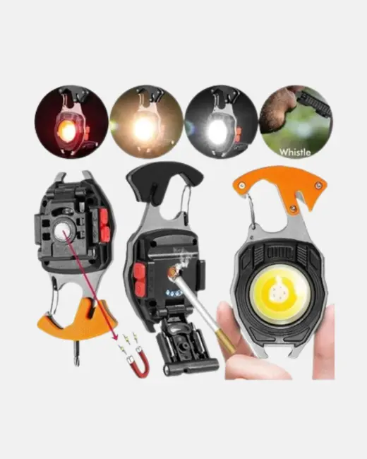 Mini LED Anahtarlık Fener – Şişe Açacağı Tornavida Düdük ve USB Şarj Özellikli