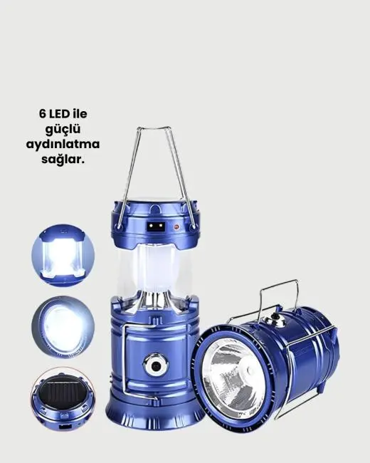 Şarj Edilebilir Güneş Enerjili Kızaklı Kamp Feneri – USB Çıkışlı Katlanabilir Dayanıklı ve Çok Fonksiyonlu