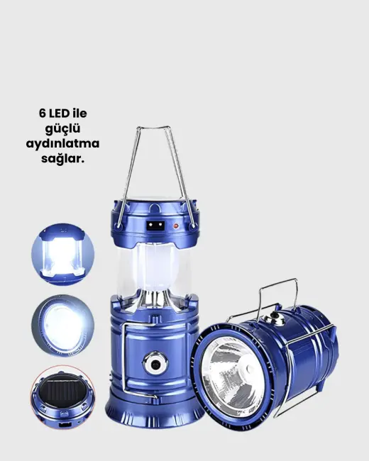 Şarj Edilebilir Güneş Enerjili Kızaklı Kamp Feneri – USB Çıkışlı Katlanabilir Dayanıklı ve Çok Fonksiyonlu