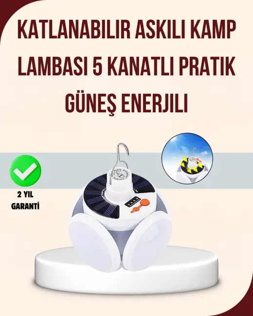 Güneş Enerjili USB Şarj Edilebilir 5 Modlu Katlanabilir LED Kamp Işığı