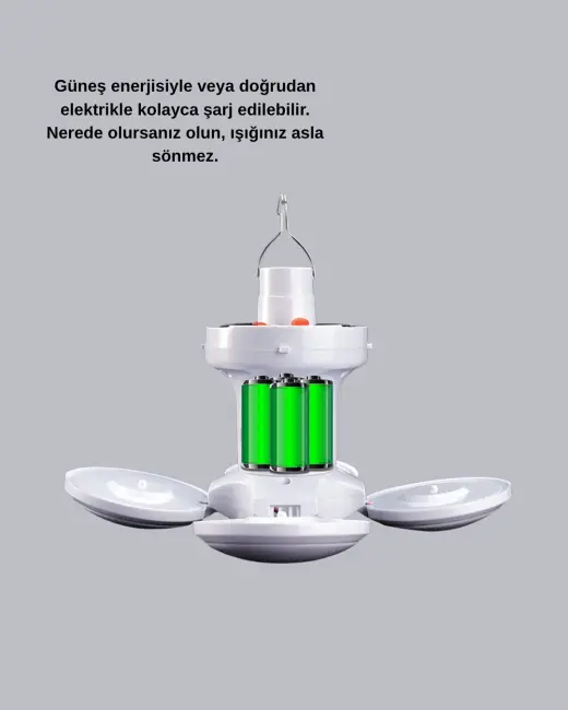 Güneş Enerjili ve USB Şarjlı LED Kamp Lambası – 5 Farklı Işık Modlu Askılı Tasarım
