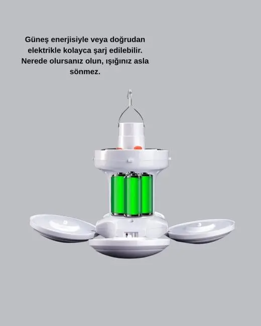 Güneş Enerjili ve USB Şarjlı LED Kamp Lambası – 5 Farklı Işık Modlu Askılı Tasarım