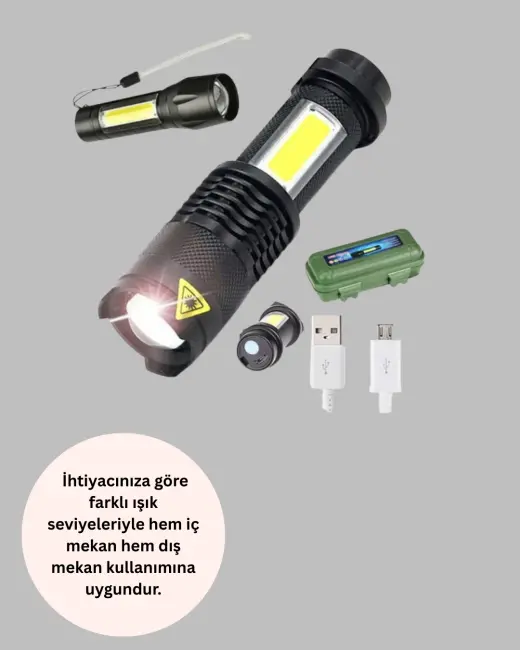 Şarjlı Mini LED El Feneri 2000 Lümen Su Geçirmez