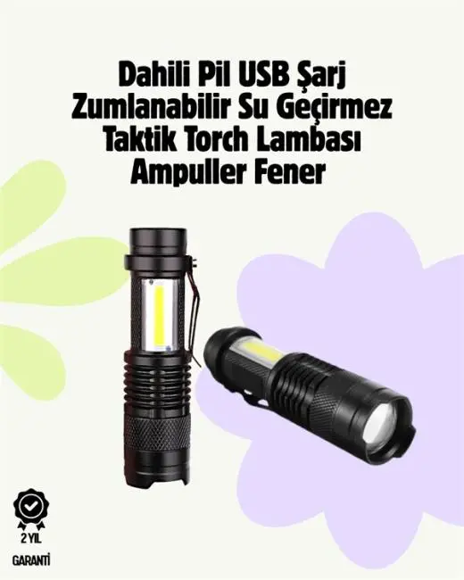 2000 Lümen LED El Feneri - Suya Dayanıklı Odaklı Klipsli