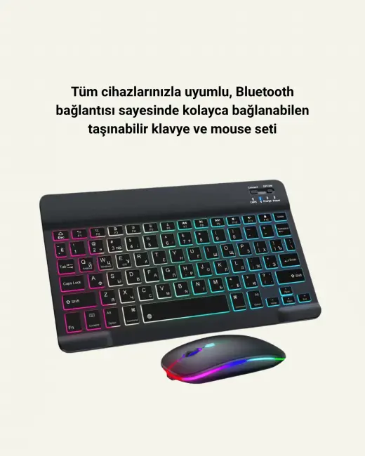 Tüm Cihazlarla Uyumlu RGB Işıklı Kablosuz Klavye ve Mouse Seti